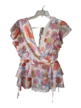 Ted Baker Watercolor Floral Print Ruffled Blouse Womens M Romantic Girly Coquett